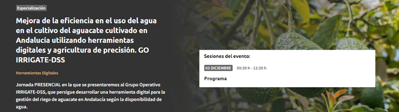  Mejora de la eficiencia en el uso del agua en el cultivo del aguacate cultivado en Andalucía utilizando herramientas digitales y agricultura de precisión. GO IRRIGATE-DSS